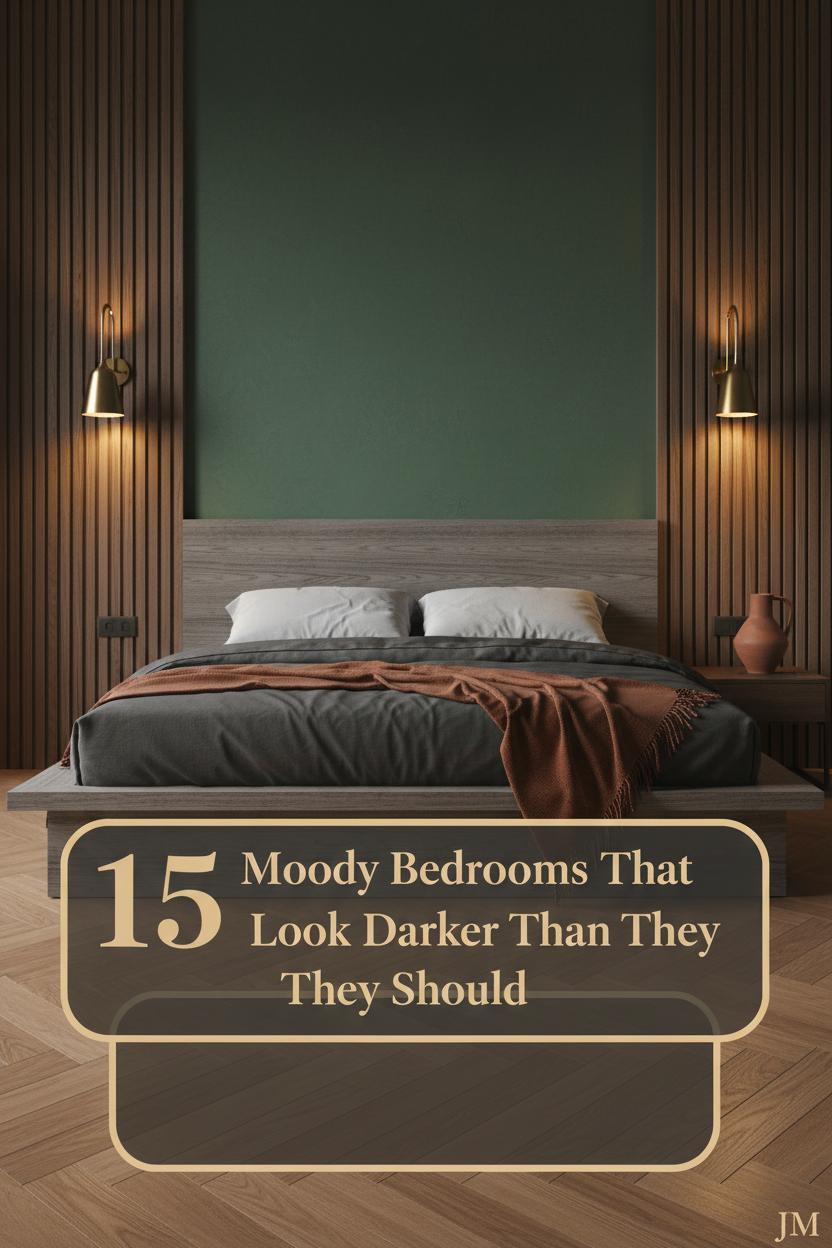 Moody mid-century modern bedroom with forest green limewash wall, walnut slat panels, charcoal linen bedding, rust throw, and warm brass sconce lighting