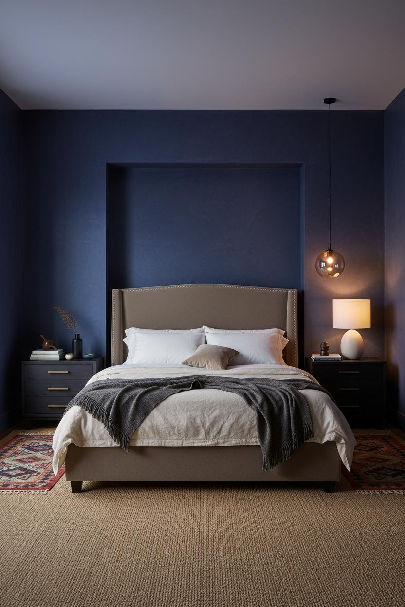Moody Neutral Bedroom Indigo Accent