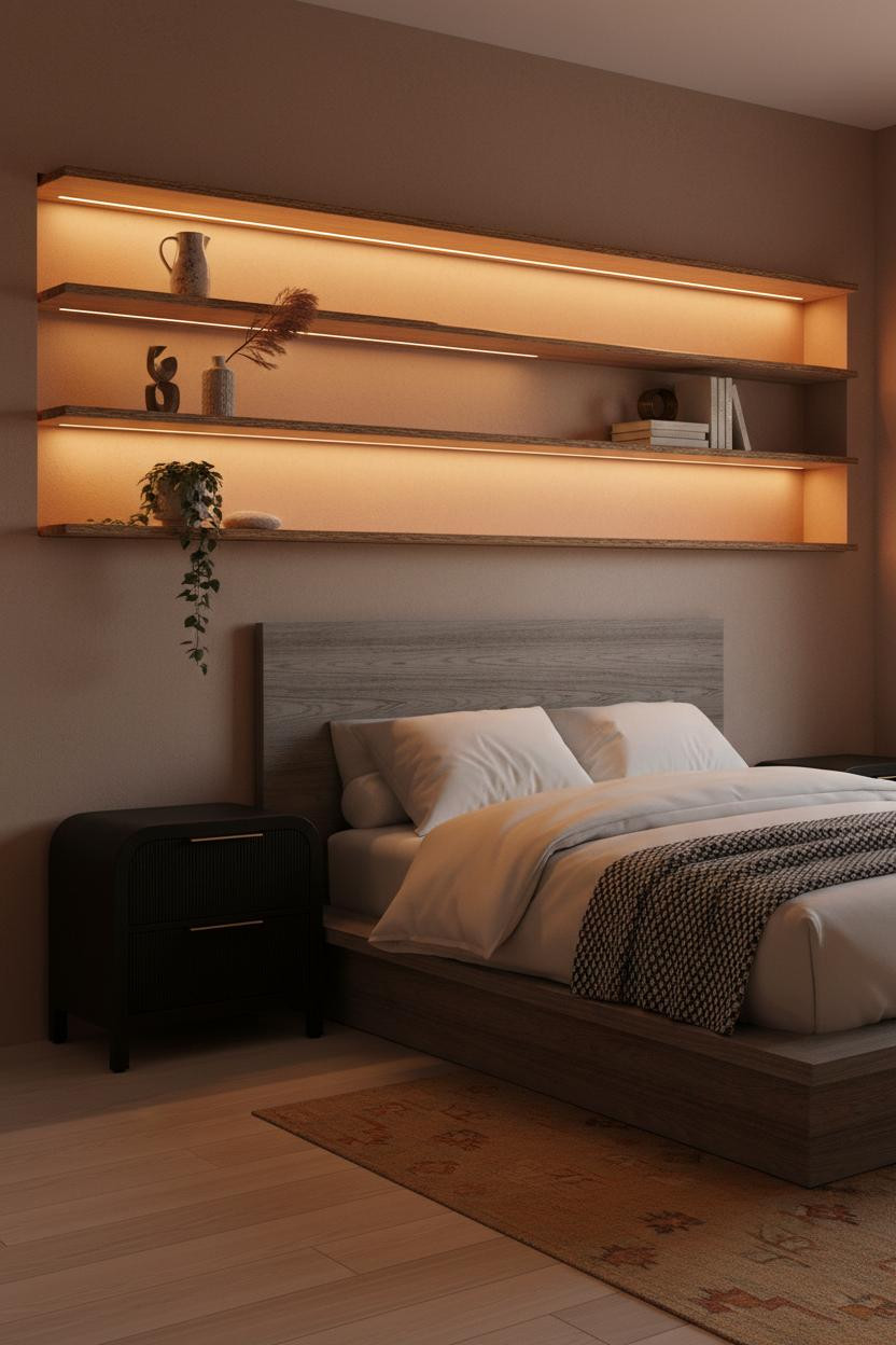 Moody Neutral Bedroom Oak Shelving
