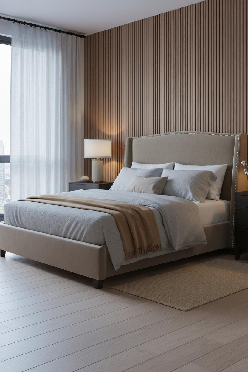 Moody Neutral Bedroom Walnut Panels Morning Light