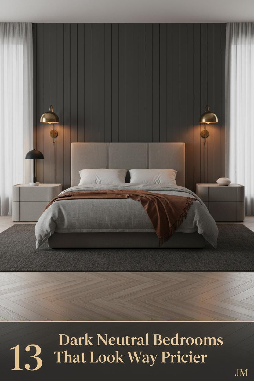 Moody neutral bedroom with charcoal board-and-batten walls, bleached oak floors, brass sconces, grey linen bedding, and burnt sienna throw.