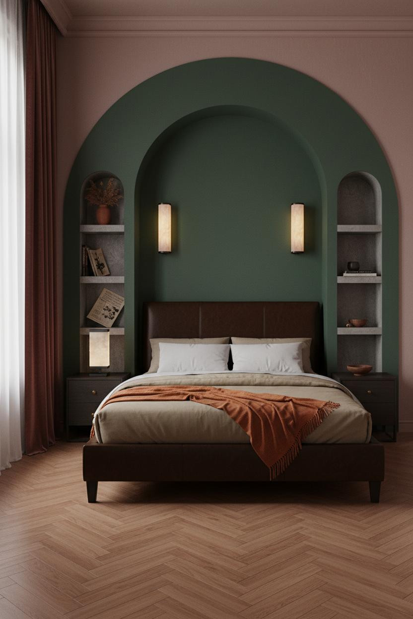 Moody Pink Bedroom Dark Green Alcove
