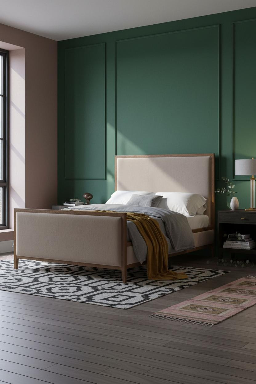 Moody Pink Bedroom Dark Green Paneled Walls