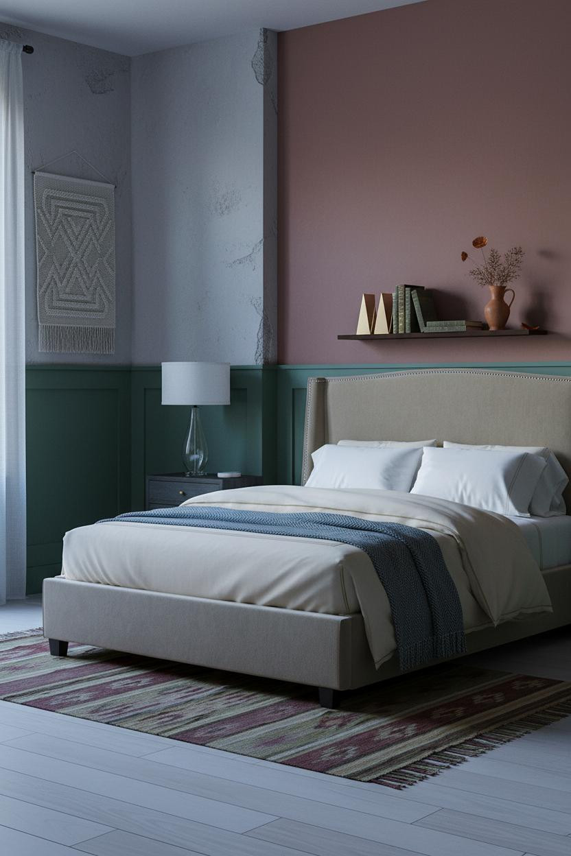 Moody Pink Bedroom Dark Green Wainscoting