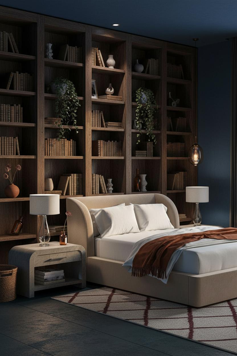 Moody Pink Bedroom Dark Wood Shelves