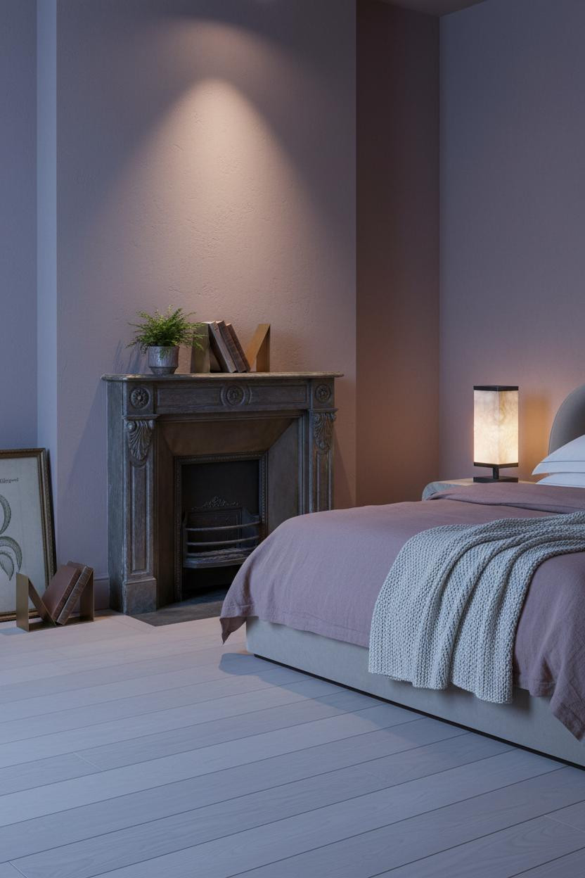 Moody Pink Bedroom Vintage Fireplace Botanical