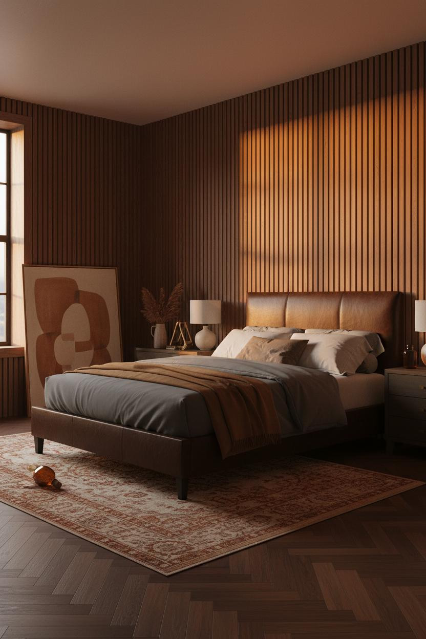 Moody Pink Bedroom Walnut Panels Amber Light