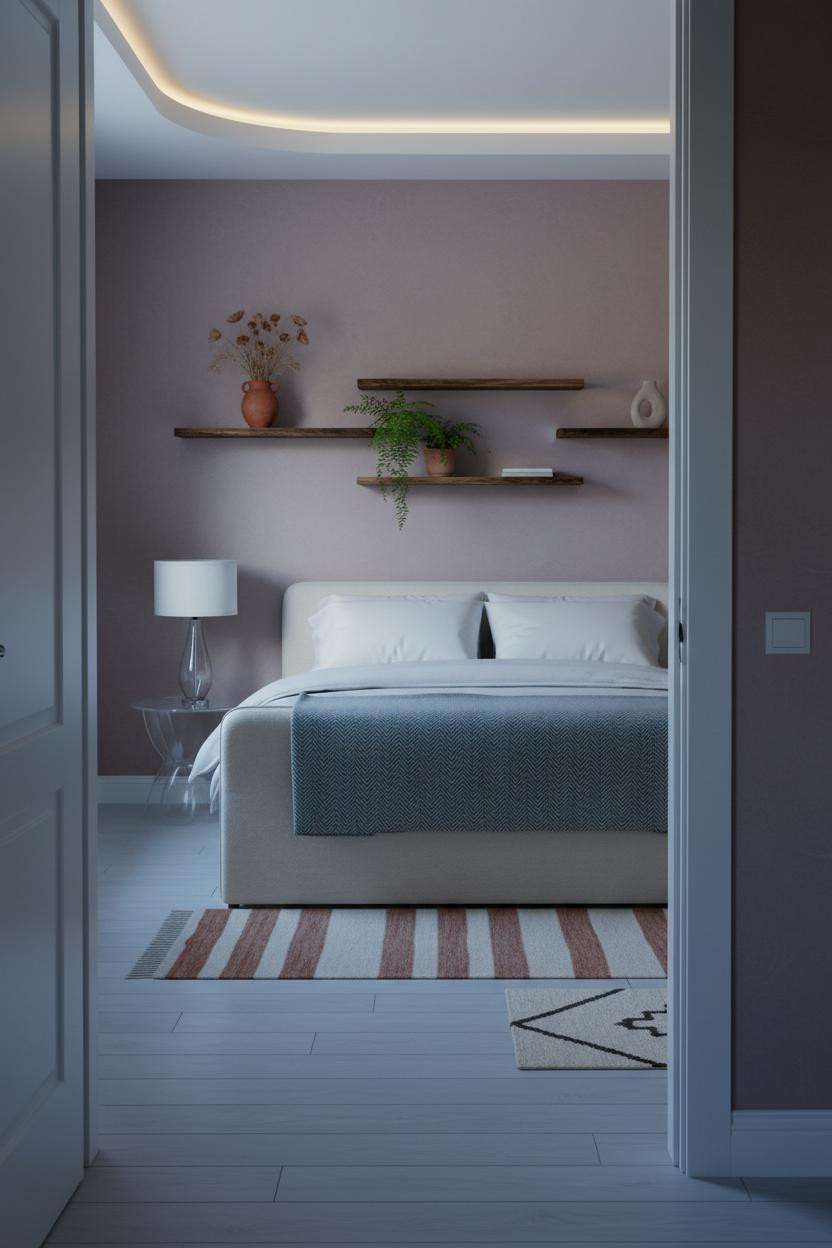 Moody Pink Bedroom Walnut Shelving