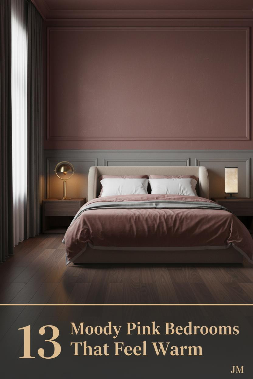 Moody pink bedroom with burgundy rose plaster walls, dusty rose velvet bedding, dark walnut floors, and warm amber lamp glow