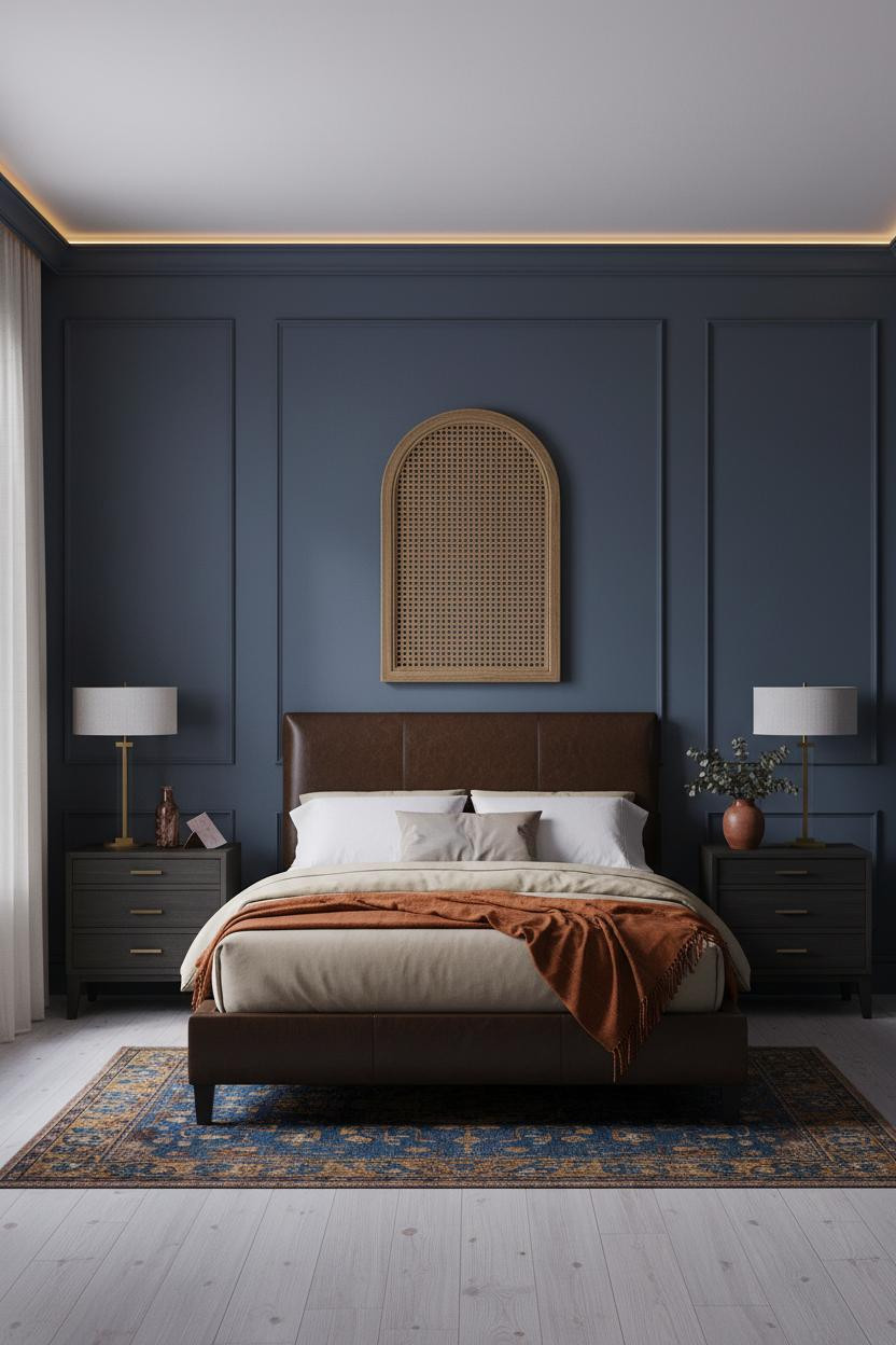 Moody Romantic Bedroom Dark Blue Walls