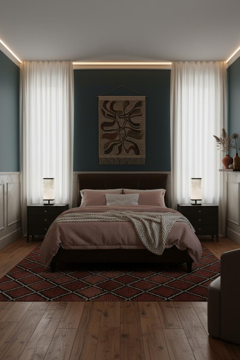 Moody Romantic Bedroom Dark Teal Wainscoting