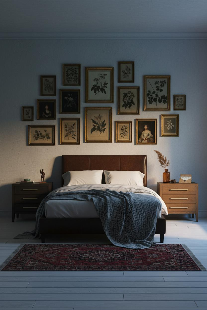 Moody Romantic Bedroom Gallery Wall Amber Lighting
