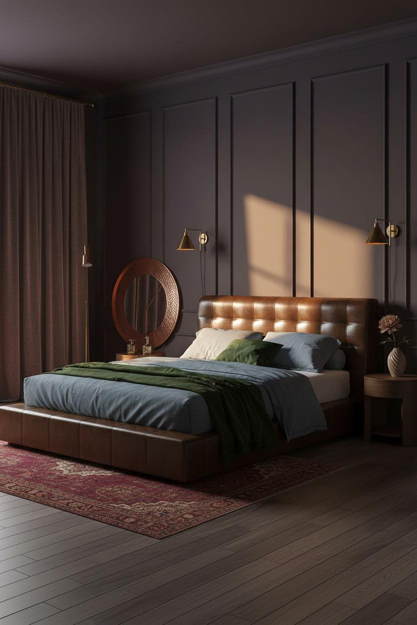 Moody Romantic Bedroom Plum Walls Brass