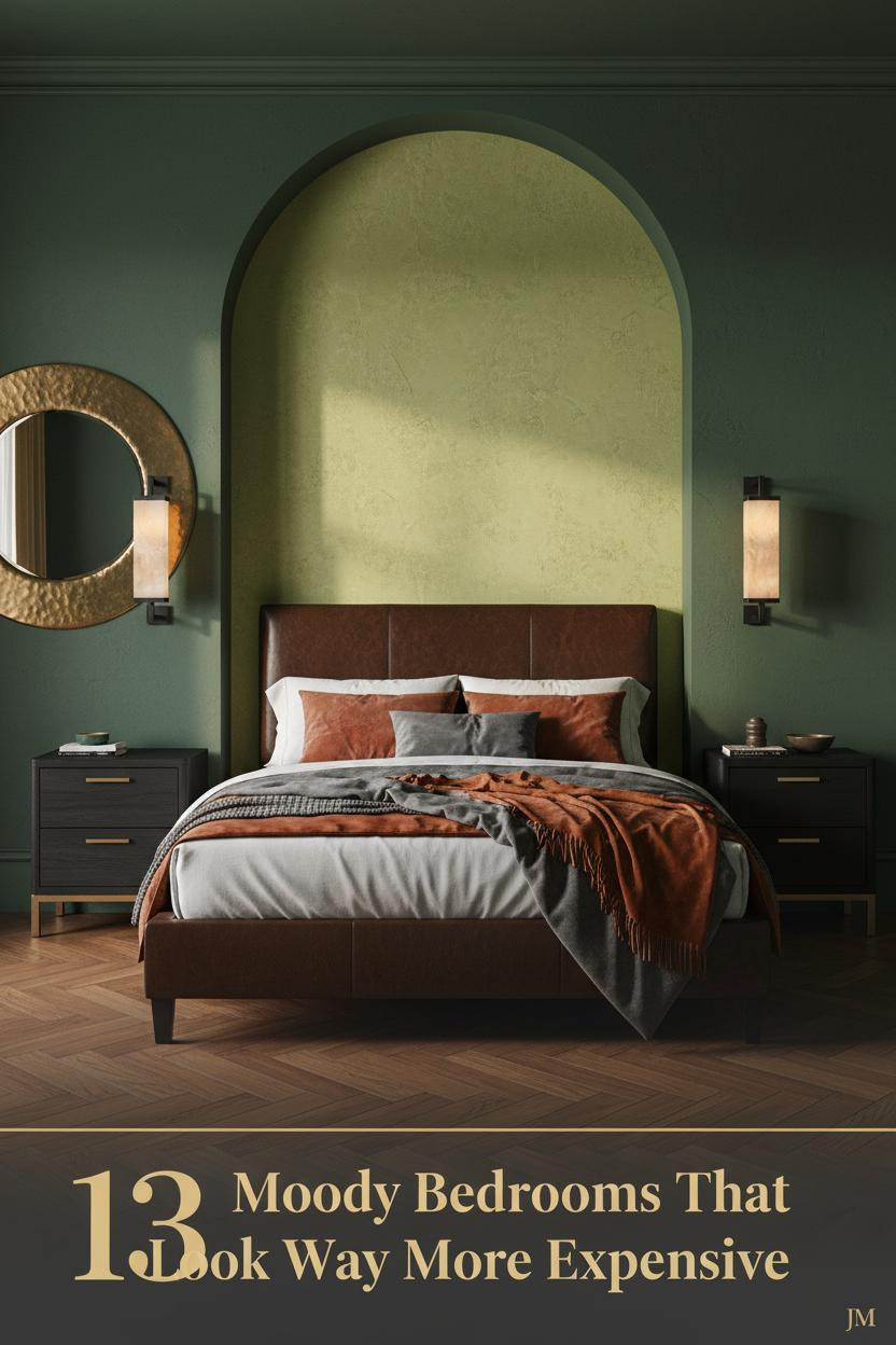 Moody romantic bedroom with forest green plaster walls, brass sconces, rust and charcoal velvet bedding, herringbone floors, and hammered mirror