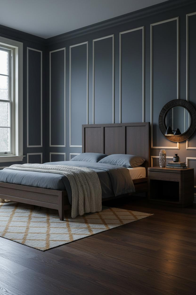Moody Vintage Bedroom Charcoal Paneled Wall