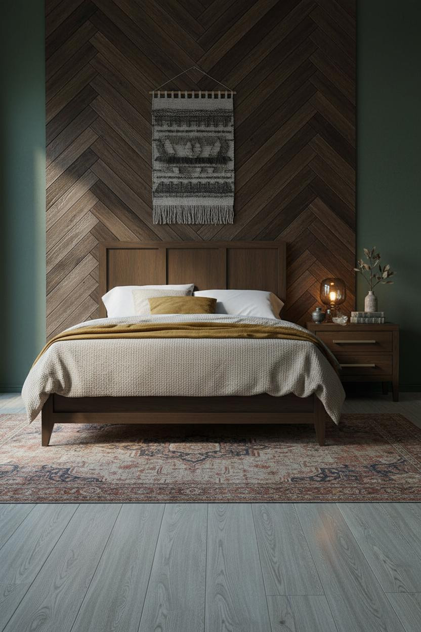 Moody Vintage Bedroom Herringbone Accent Wall