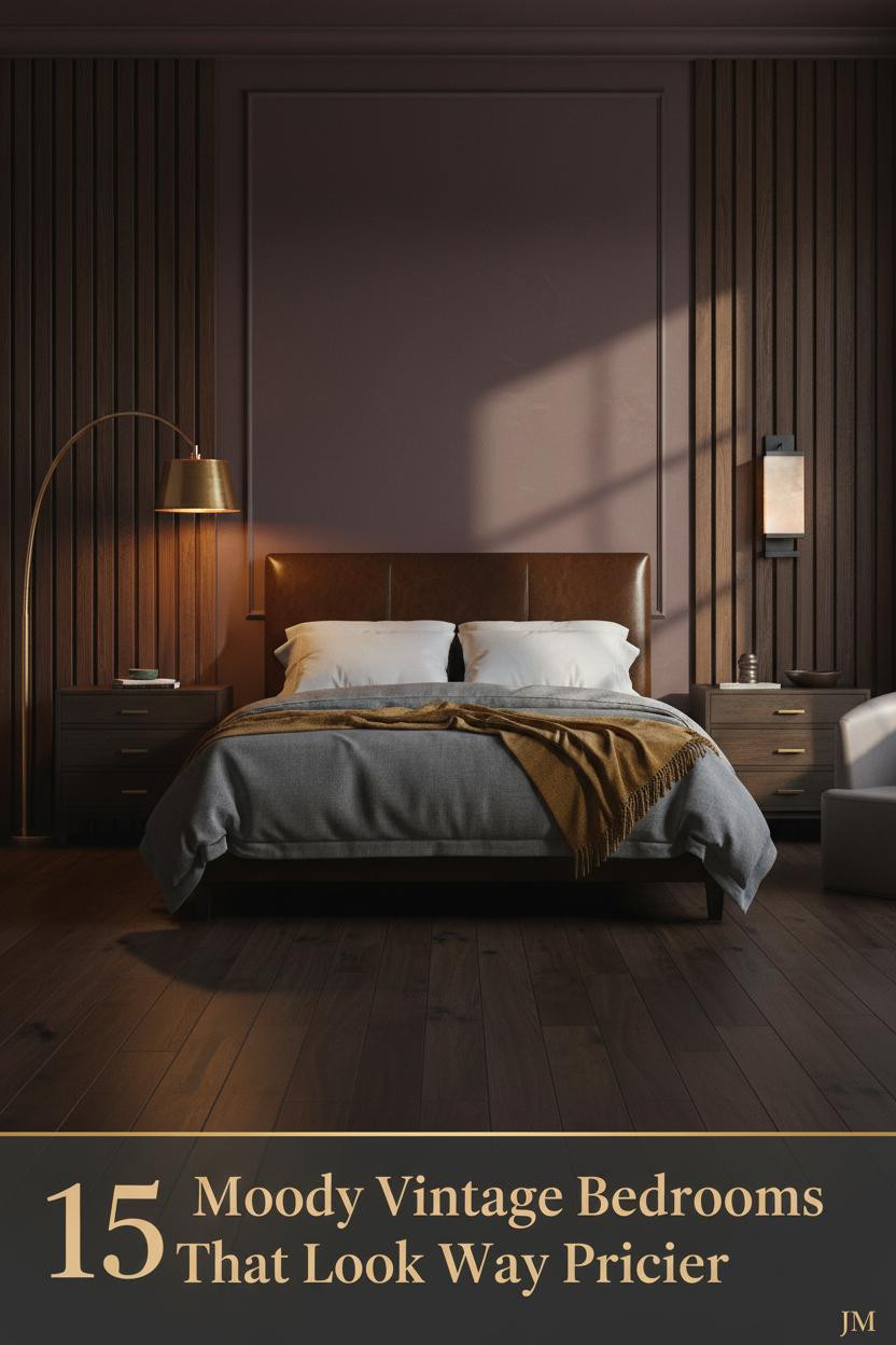 Moody vintage bedroom with aubergine limewash wall, dark walnut panels, slate linen bedding, mustard wool throw, and warm brass lighting
