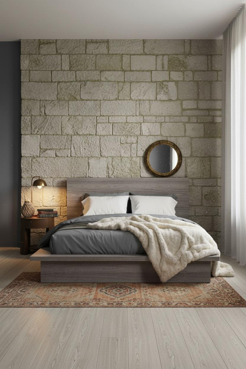 Moody Vintage Bedroom Stone Accent Wall