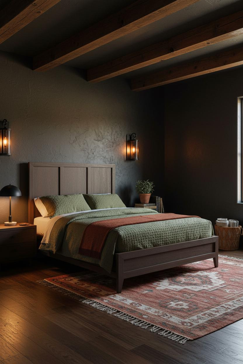Moody Western Bedroom Exposed Beams