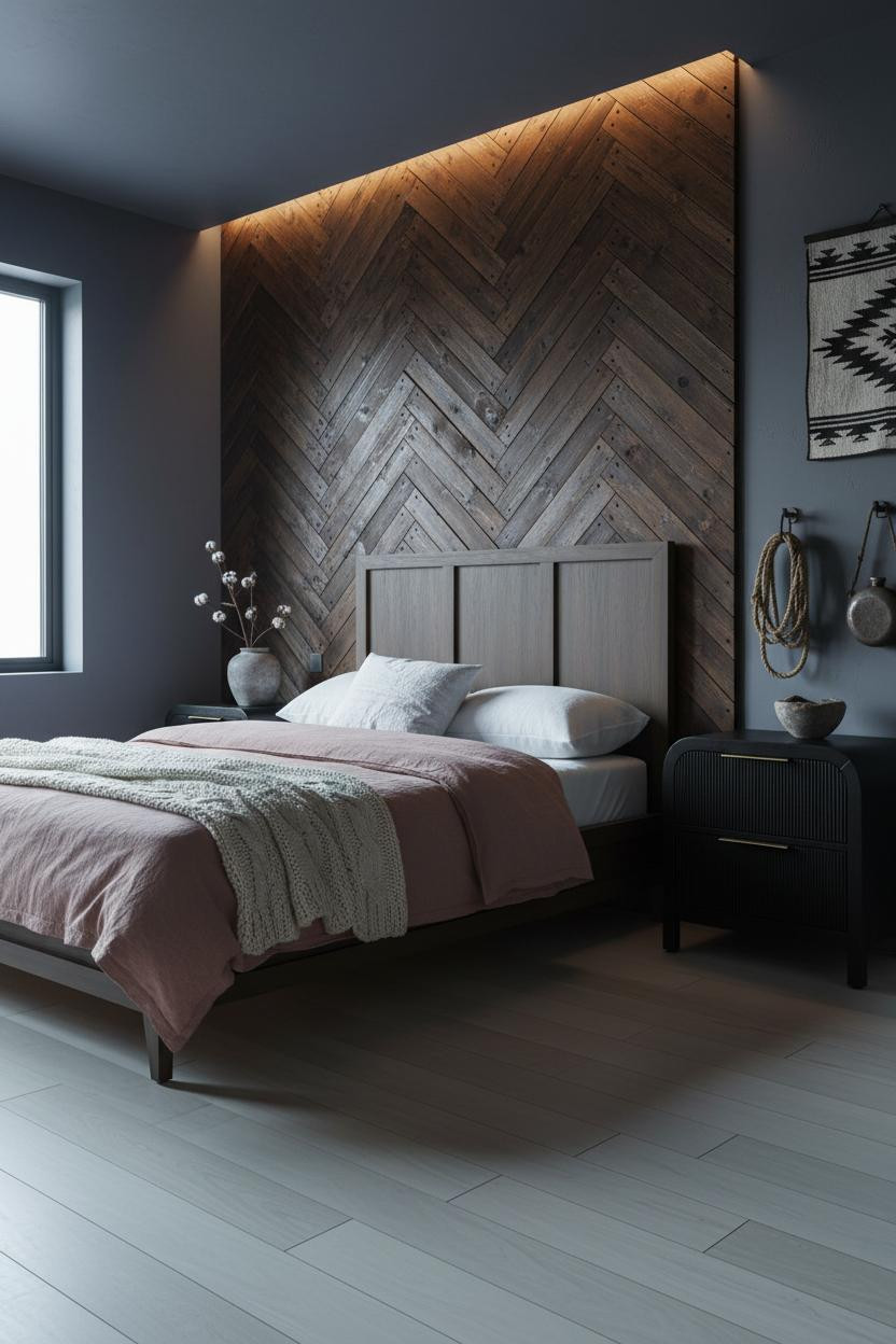 Moody Western Bedroom Herringbone Wall