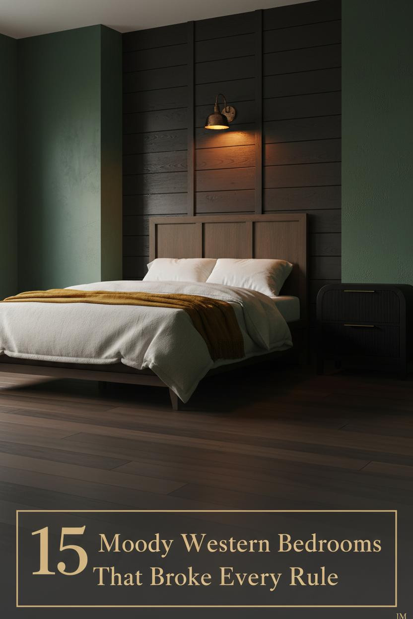 Moody western bedroom with blackened oak plank wall, forest green plaster, dark walnut floors, amber sconce glow, and oatmeal cotton bedding