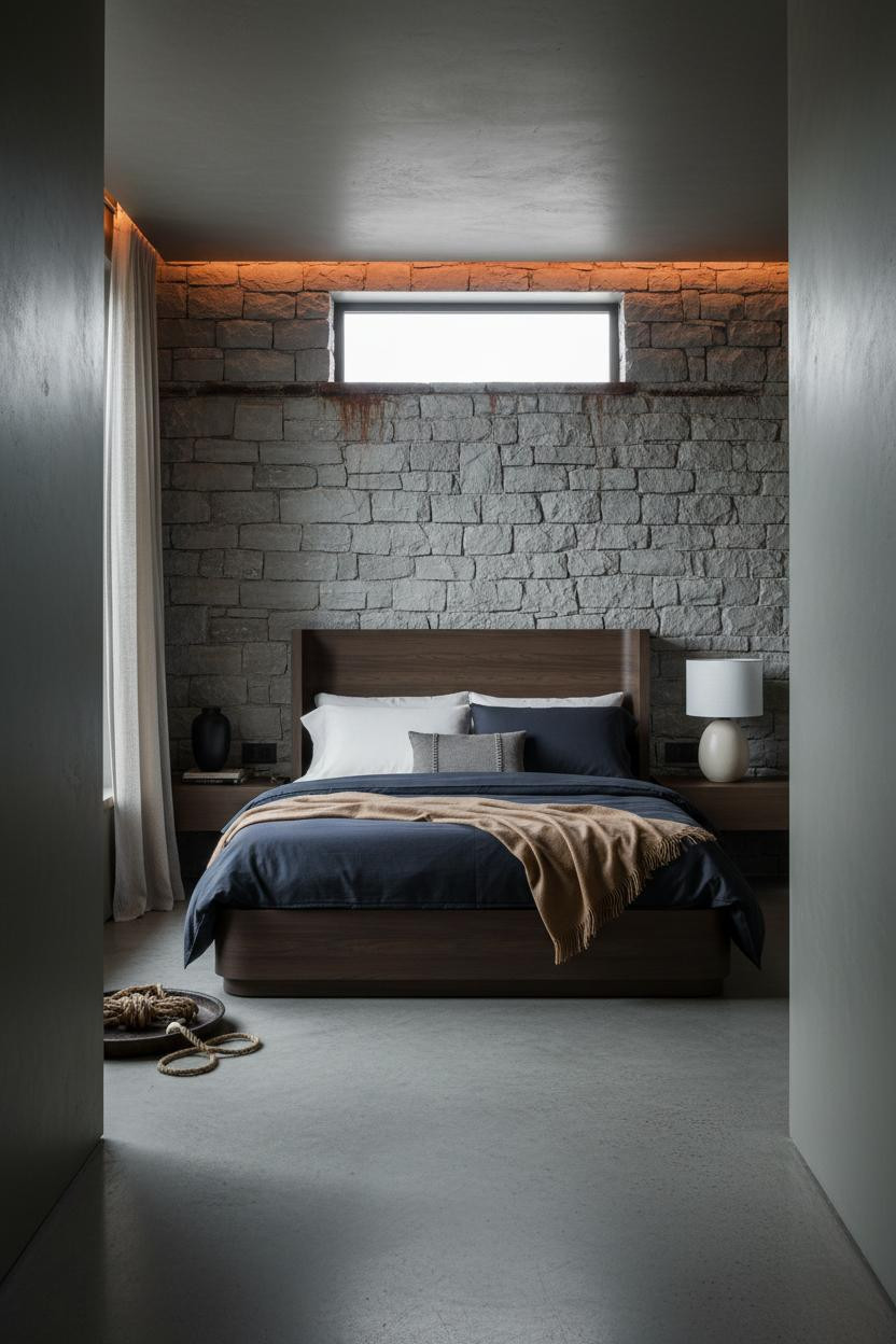 Moody Western Bedroom Stone Accent Wall