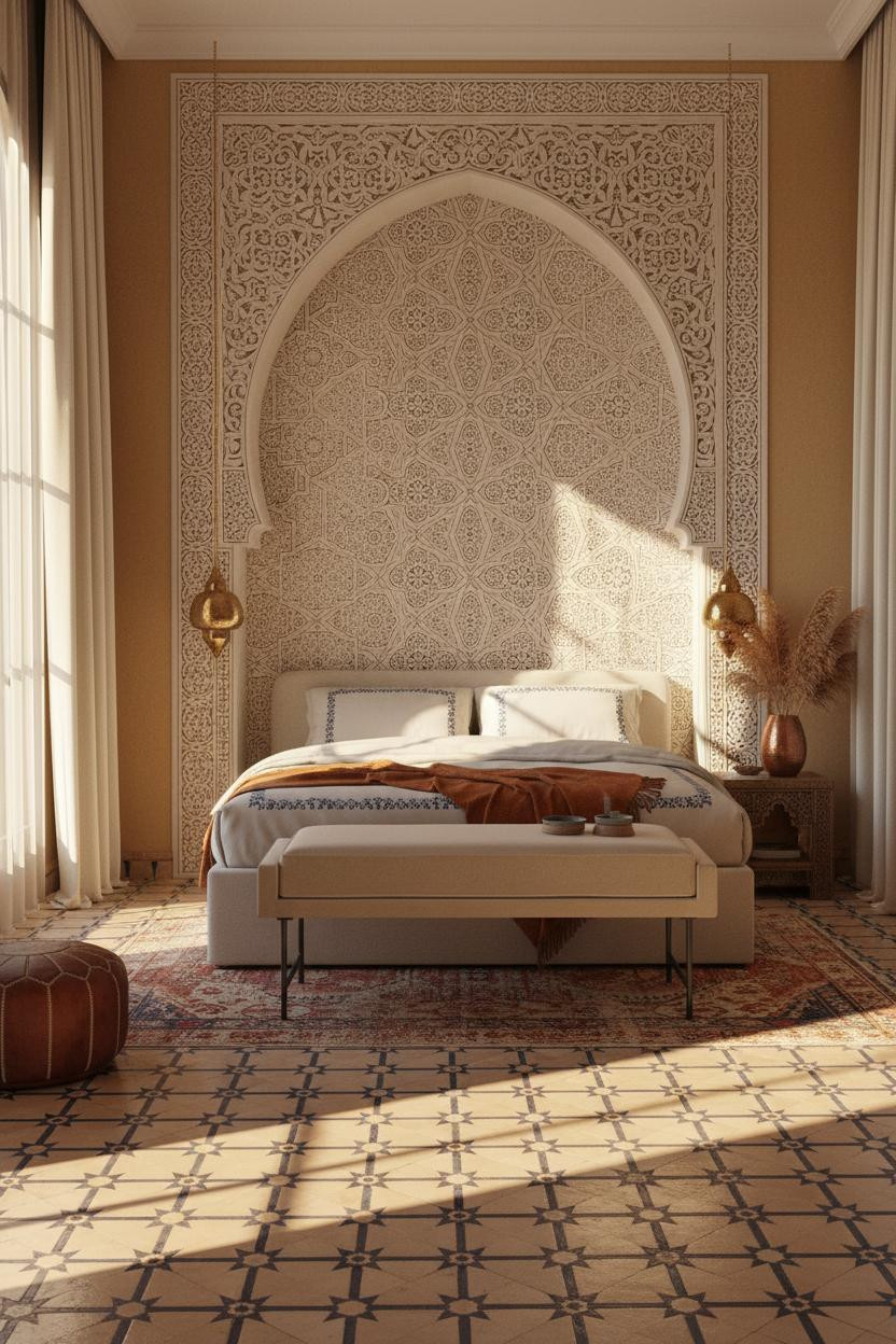 Moroccan Bedroom Carved Arch Brass Lighting