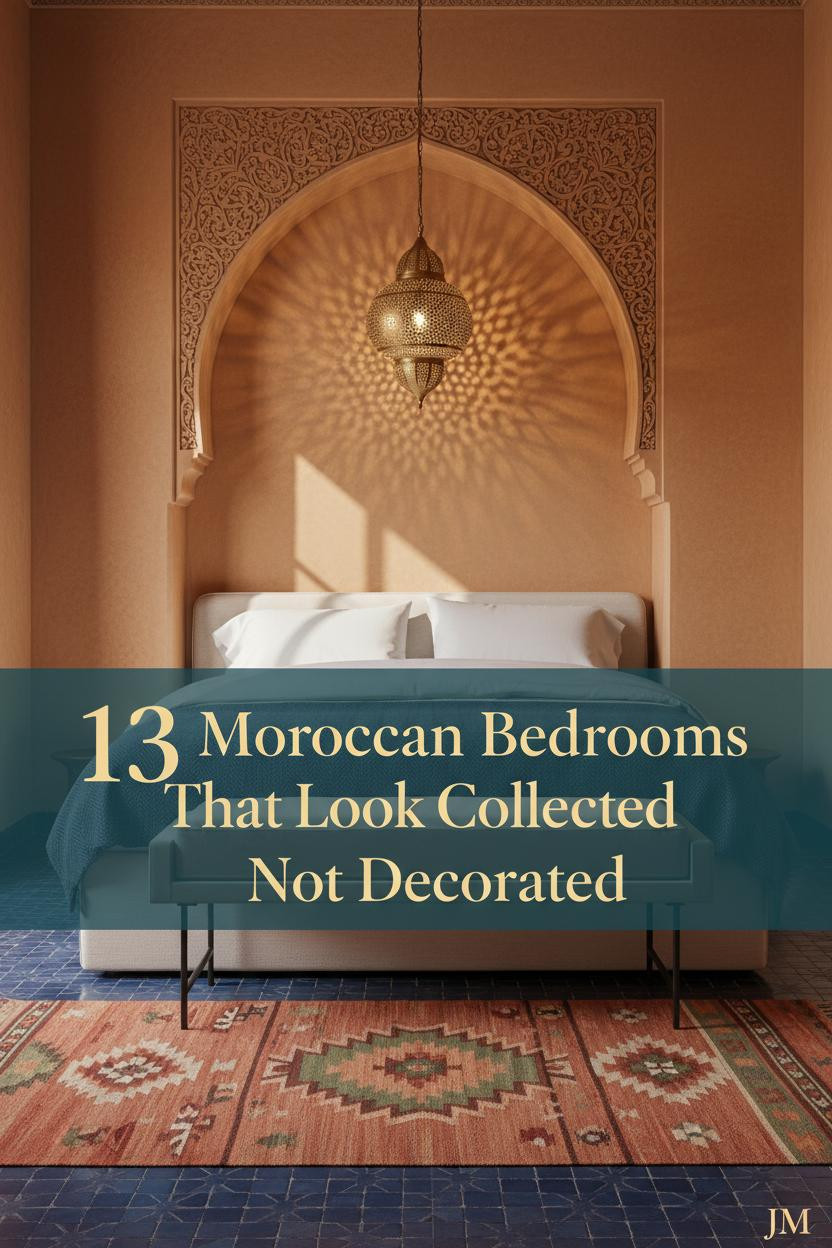 Moroccan bedroom with ochre tadelakt walls, arabesque arch, indigo geometric tile floor, brass lantern casting star shadows, kilim runner
