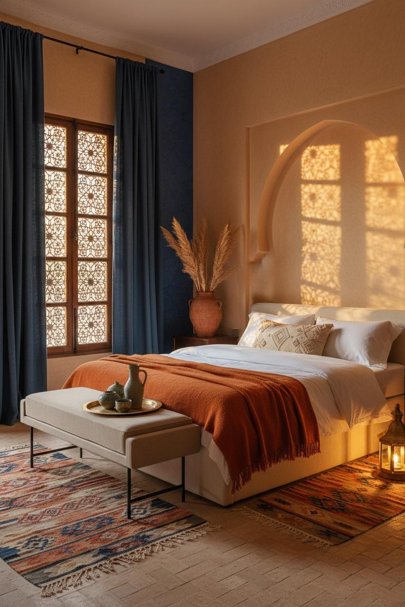 Moroccan Bedroom Ochre Plaster Indigo Accent
