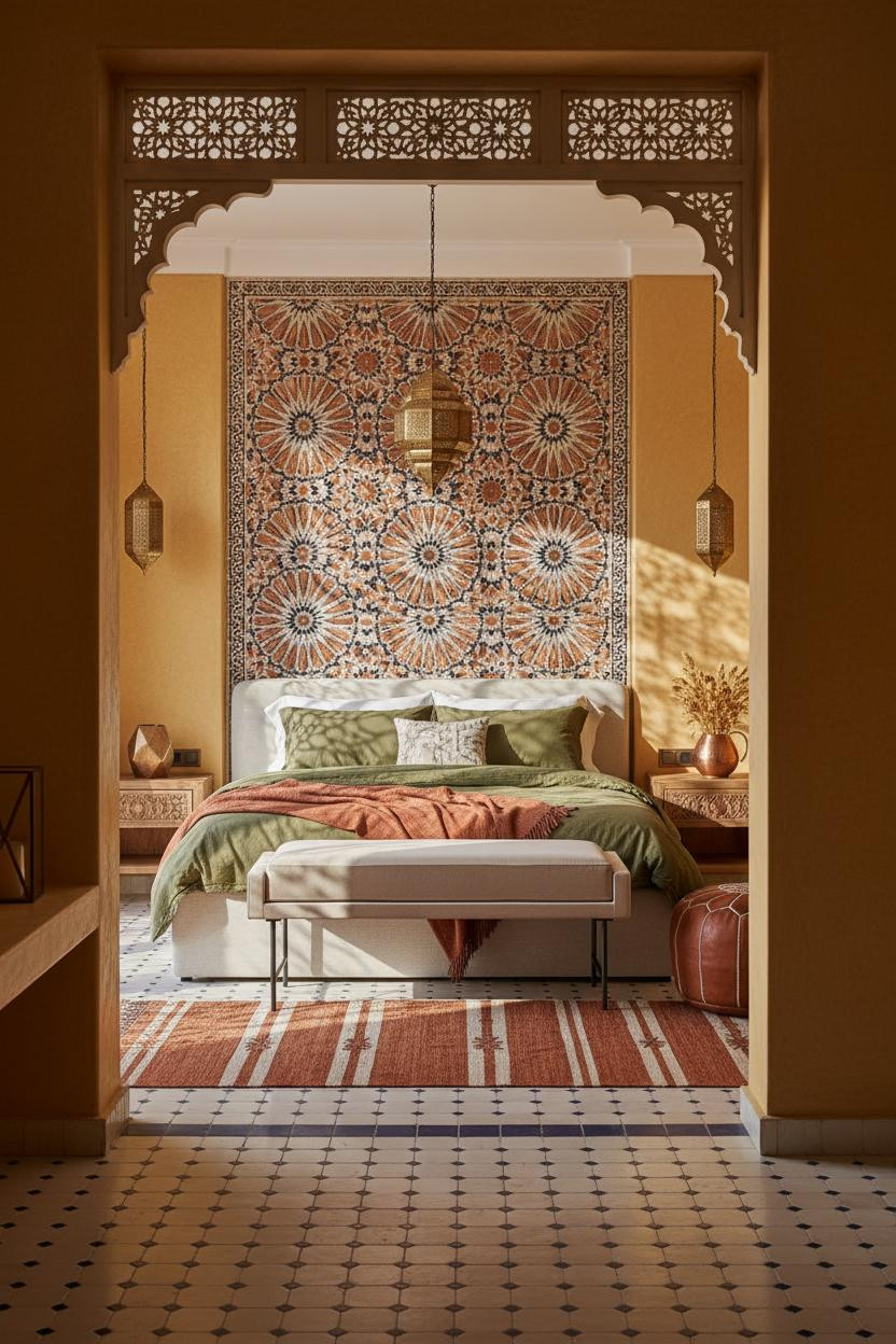 Moroccan Bedroom Zellige Tile Brass Pendant