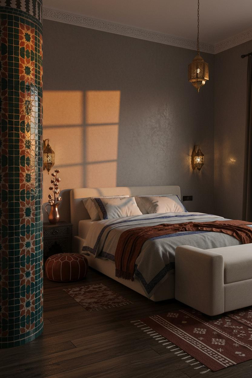 Moroccan Bedroom Zellige Tile Brass Sconces