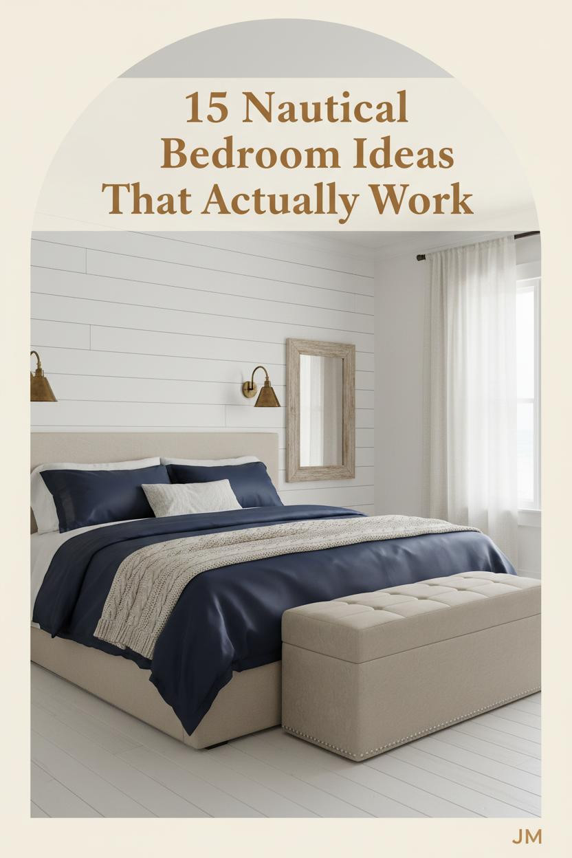 Navy sateen duvet and cable-knit cream throw on a bed beside a driftwood mirror, board-and-batten wall, brass sconces, linen curtains