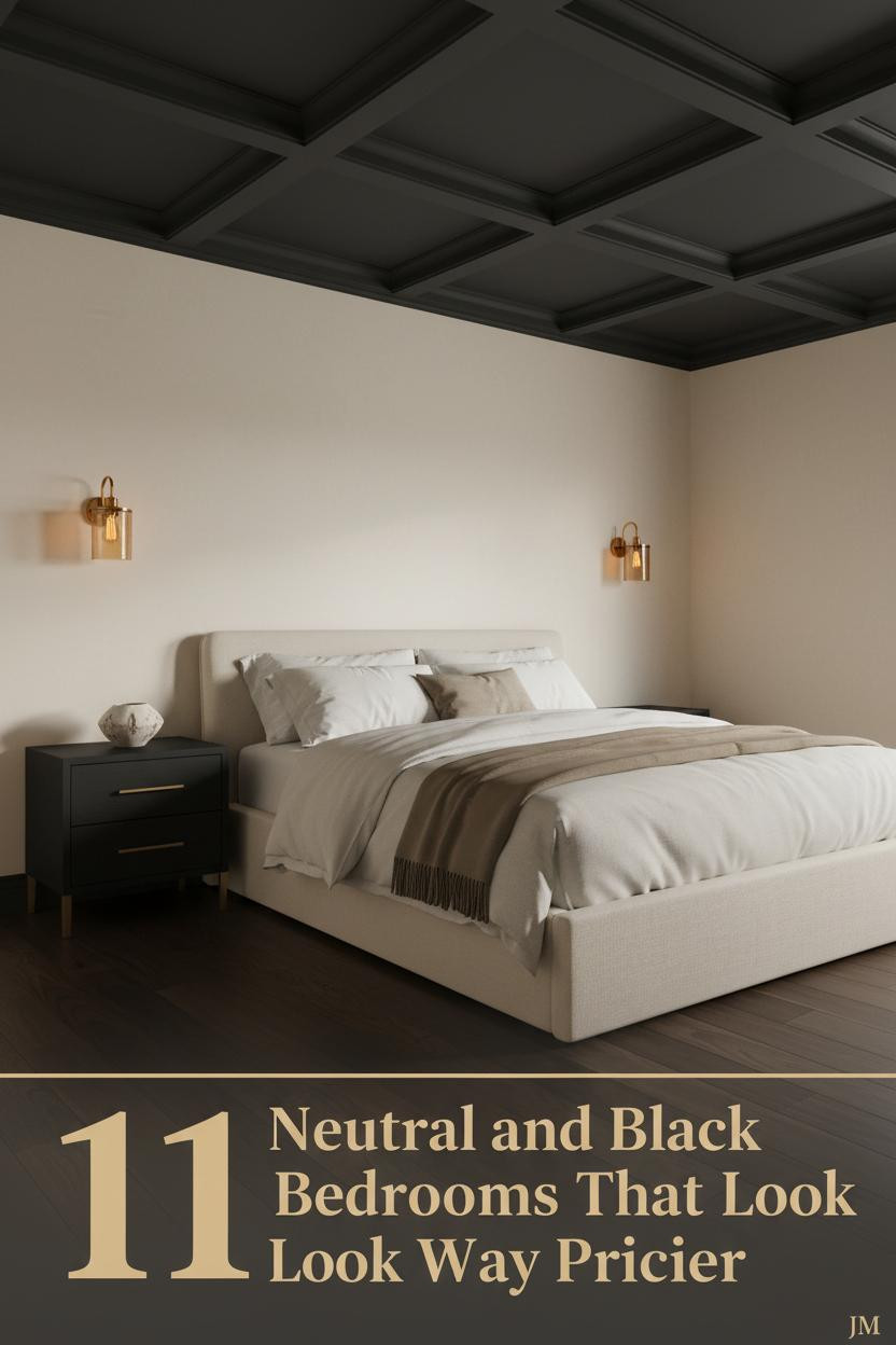 Neutral black bedroom with matte coffered ceiling, ivory plaster walls, cream linen bedding, taupe wool throw, and amber sconce lighting