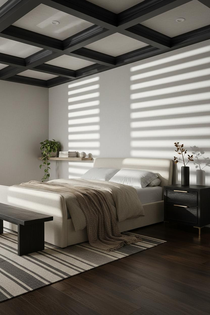 Neutral Black Bedroom Coffered Ceiling