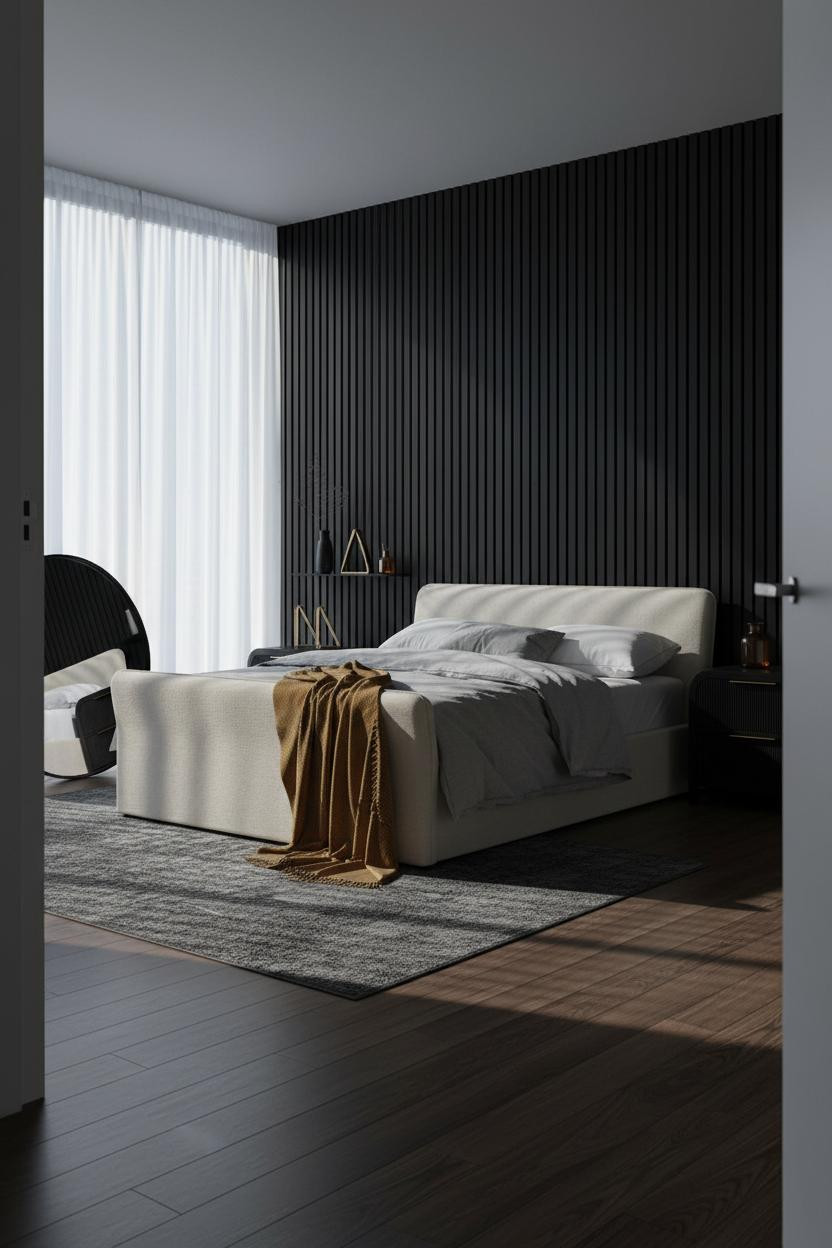 Neutral Black Bedroom Slatted Wall