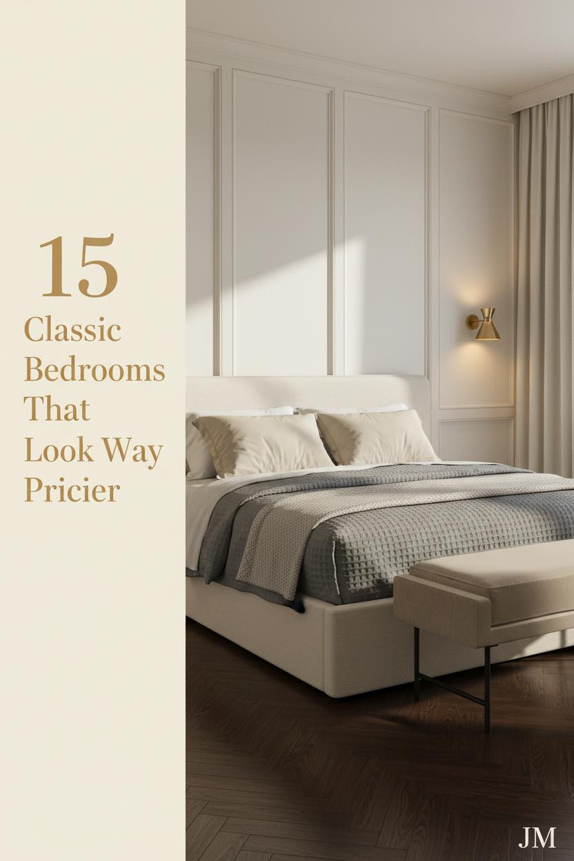 Classic bedroom with ivory board-and-batten headwall, walnut herringbone floors, waffle-weave bedding, and warm sconce lighting