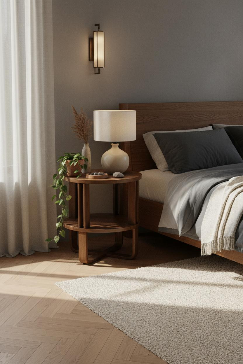 Nightstand Ideas Japandi Walnut Lamp