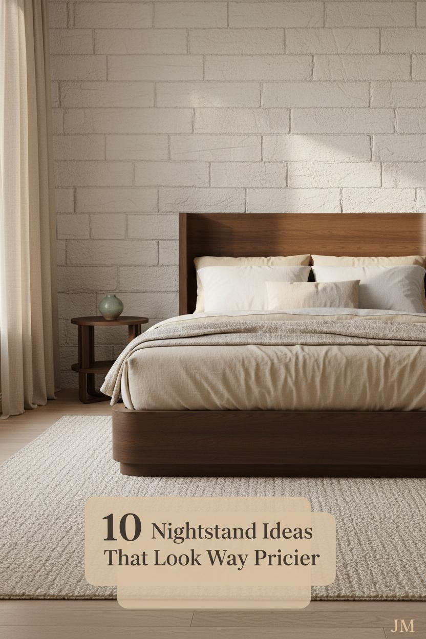 Japandi bedroom with walnut nightstand, small ceramic vessel, cream linen bedding, lime plaster wall, and warm morning side light