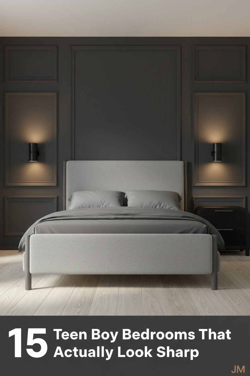 Modern teen boy bedroom with charcoal panel wall, bleached maple floors, slate grey bedding, walnut nightstand, and matte black sconces