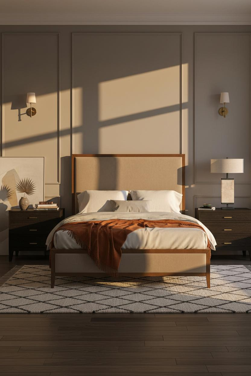 Parisian Bedroom Grey Paneling Walnut Floor