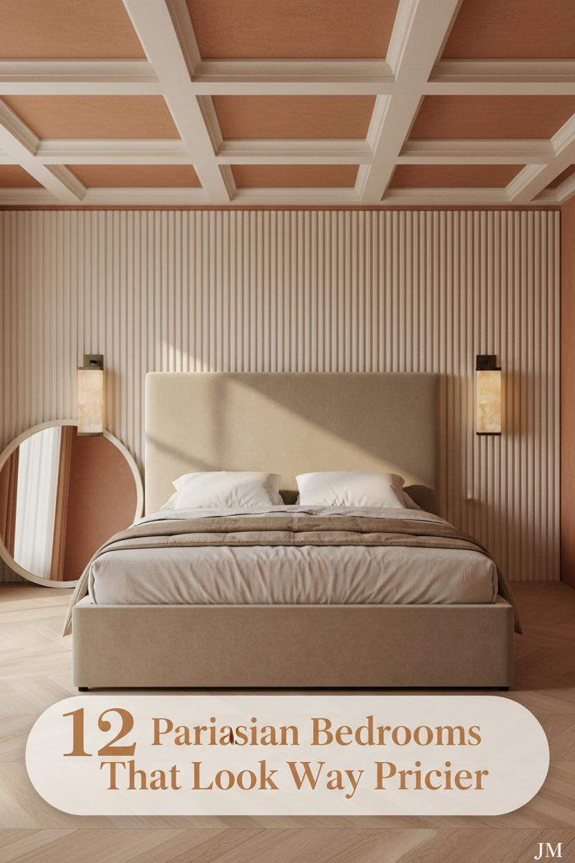Parisian chic bedroom with cream fluted plaster columns, terracotta limewash walls, herringbone oak floors, brass sconces, and layered linen bedding
