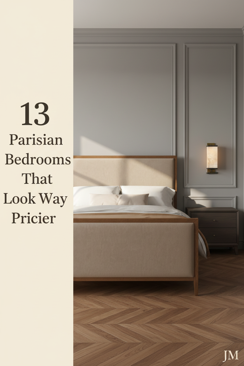 Parisian bedroom with dove grey panel molding, walnut parquet floors, ivory percale bedding, camel wool throw, and warm brass wall sconce