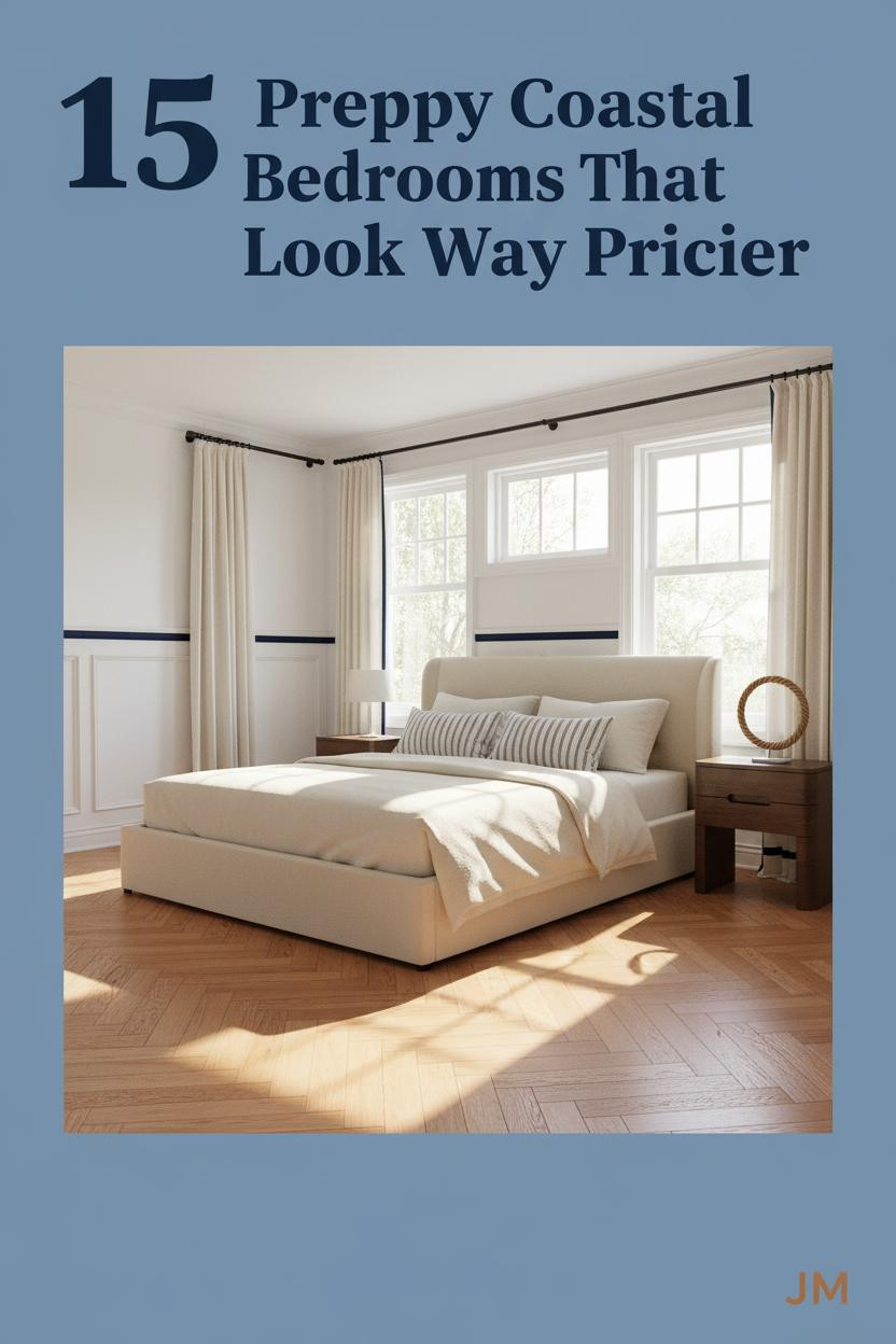 Preppy coastal bedroom with white wainscoting, navy accents, cream linen bedding, ticking-stripe pillow, and honey oak herringbone floors in warm afternoon light