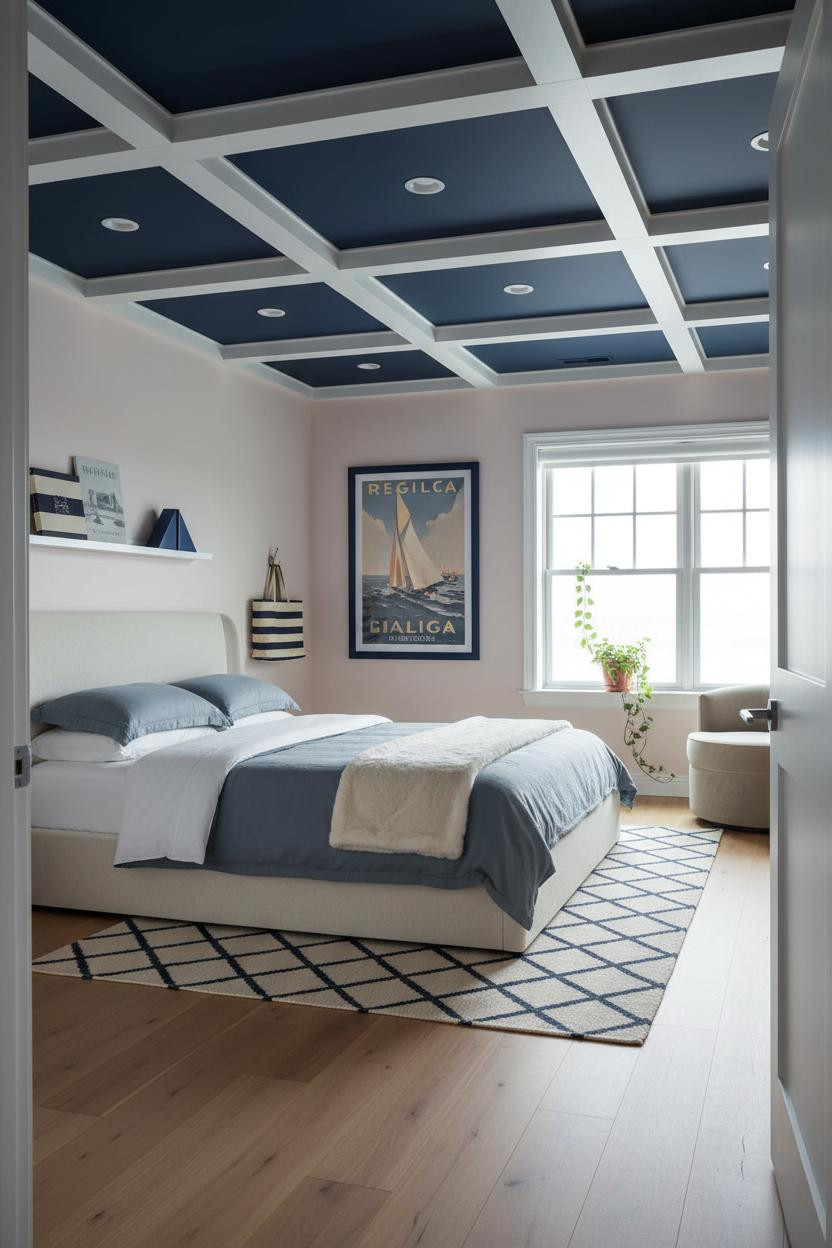 Preppy Coastal Bedroom Navy Coffered Ceiling
