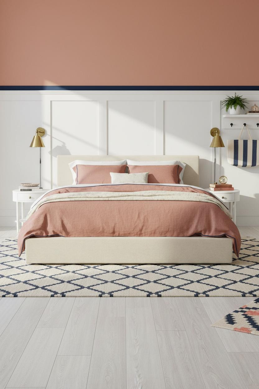 Preppy Coastal Bedroom Navy Wainscoting Stripes