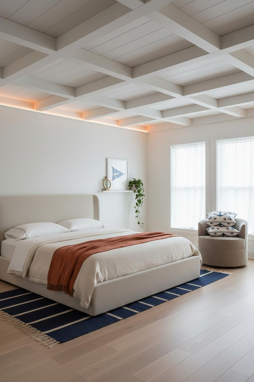 Preppy Coastal Bedroom Whitewashed Beams
