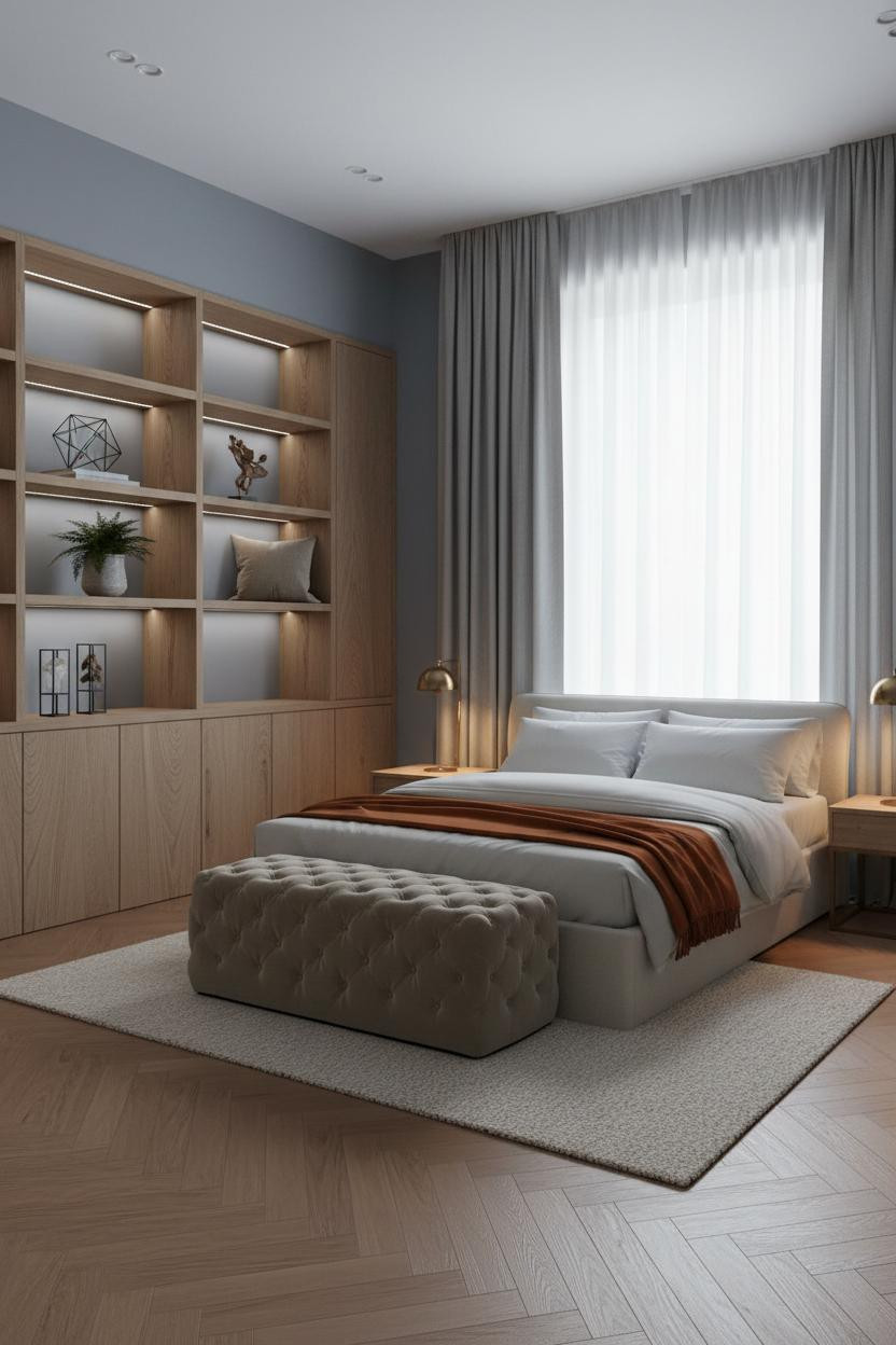 Primary Bedroom Attic Modern Farmhouse Oak Shelving