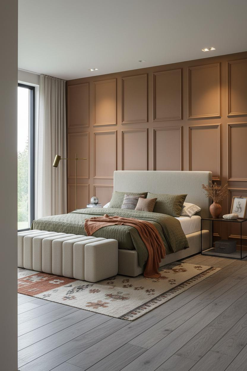 Primary Bedroom Warm Clay Paneling Cozy