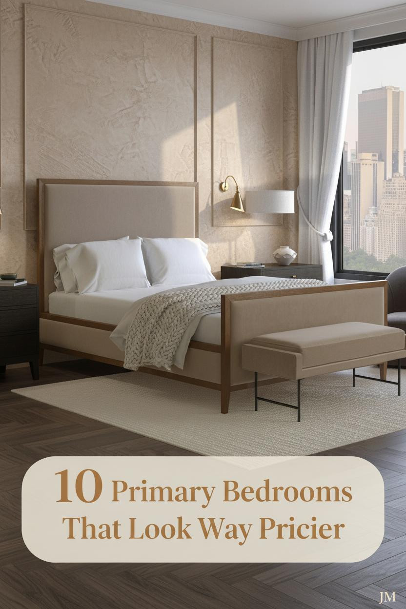 Primary bedroom with warm stone plaster accent wall, dark walnut herringbone floors, brass sconces, ivory linen bedding and boucle throw