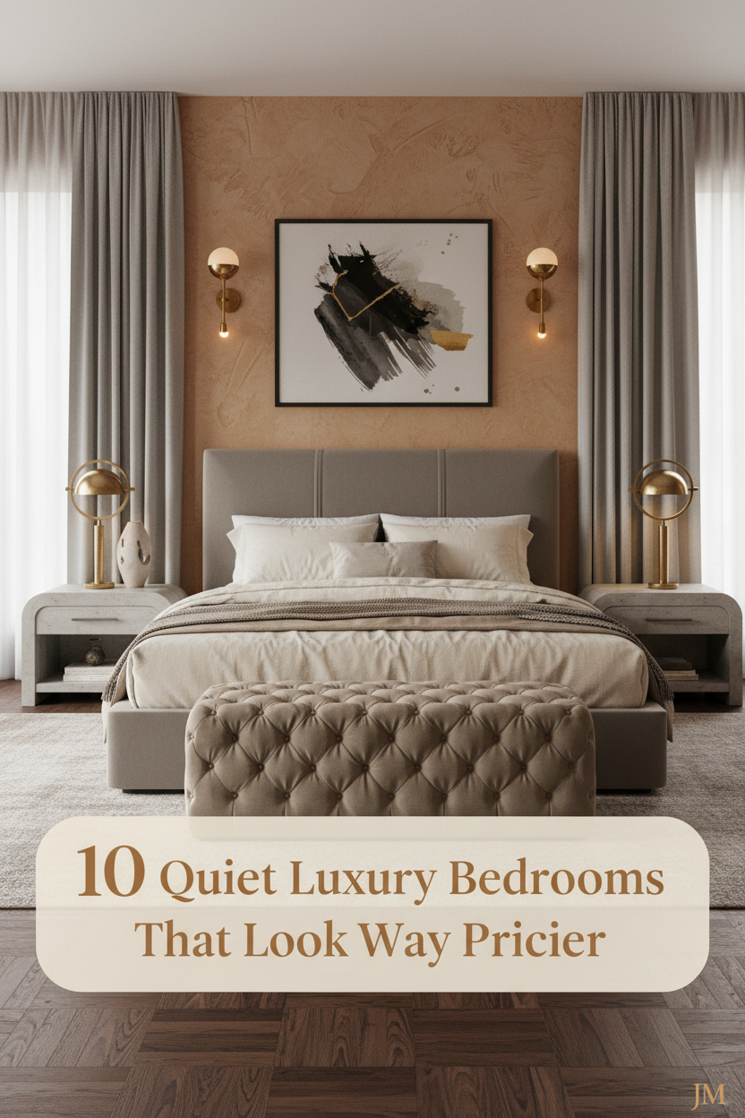 Quiet luxury bedroom with clay plaster accent wall, cream linen bedding, walnut parquet floor, dove grey velvet curtains, and warm brass sconce lighting